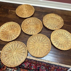 Set of 7 tan wicker plate chargers or placemats with lip vintage
